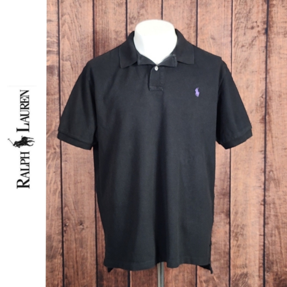 Black Classic Fit Mens Mesh Cotton Polo With Purple Pony Excellent Condition